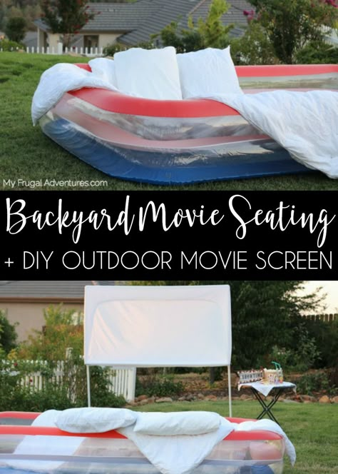 Simple DIY outdoor movie screen and backyard movie seating idea.  Perfect for summer entertaining or summer bucket lists. Movie Night Seating, Diy Backyard Movie, Outdoor Movie Night Party, Backyard Movie Night Party, Movie Seats, Diy Outdoor Movie Screen, Outdoor Movie Party, Backyard Movie Theaters, Outside Movie