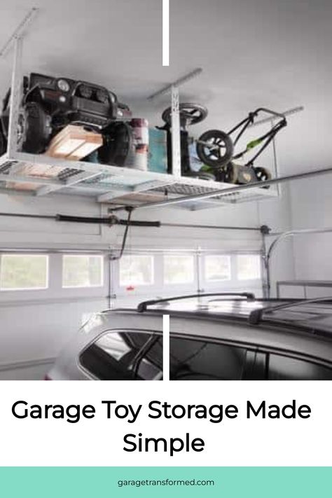 If your kids have a growing collection of toys and you're struggling to find storage solutions, we've got you covered. Creating an organized space for their toys is essential, whether it's in the garage or elsewhere. Let us guide you on how to effectively store and manage your child's toy treasures! Overhead Storage Ideas, Garage Toy Storage, Garage Overhead Storage, Diy Overhead Garage Storage, Garage Hanging Storage, Diy Storage Projects, Lumber Storage Rack, Outdoor Toy Storage, Overhead Storage Rack