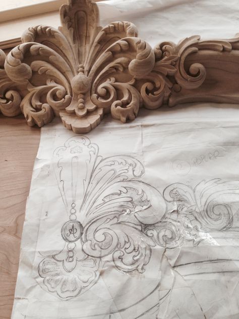 Detail of Hand carved fleur. Manufactured & designed by Auffrance. Tre Kunst, درج السلم, Wal Art, Ivy House, China Cabinets, Wood Carving Designs, Close Proximity, Carving Designs, Acanthus Leaf