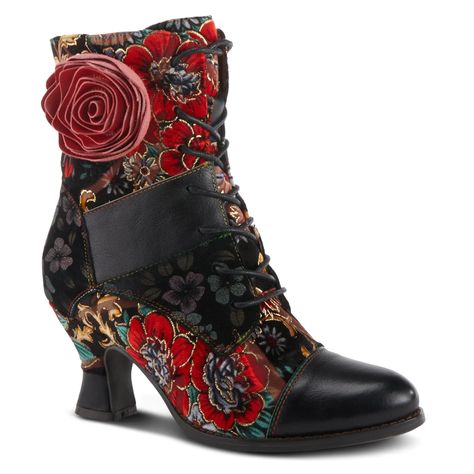 L'ARTISTE Style: ROSELIA Step out in style with these stunning lace-up and zipper closure boots featuring an elegant tapestry floral pattern and a delicate flower applique. The sculpted heel and cap toe add a touch of sophistication and elegance to these beautiful boots, making them the perfect addition to any outfit. With their unique blend of style and comfort, these boots are sure to turn heads wherever you go. Dress Leather Boots, L'artiste By Spring Step, Boots Patterns, Spring Boots, Spring Step Shoes, Zipper Heels, Floral Tapestry, Beautiful Boots, Flower Applique