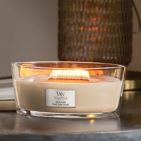 Solar Ylang - Scents of fresh bergamot arranged in a sweet white bouquet of jasmine, tuberose and ylang-ylang. Ending with musk and creamy sandalwood notes. - #woodwicksa #woodwick #ellipsecandle #scentedcandle #candlelovers #homedecor #candlesinsouthafrica #southafrica #hearthwick #cracklesasitburns #sacandles #fragrancedcandles #valentinesgiftideas Candle Wood Wick, Wood Wick Candles, Color Melting, Soothing Sounds, White Bouquet, New Fragrances, Ylang Ylang, Burning Candle, Wax Melts