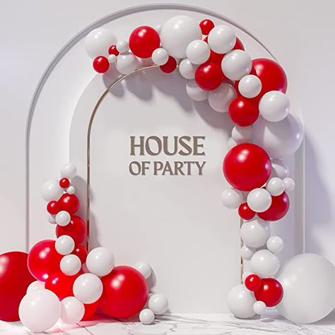 White And Red Balloon Garland, Red And White Balloon Garland, Peruvian Party, Red And White Balloons, Red Balloon Garland, White Balloon Garland, Ballon Art, Red Party Decorations, Birthday Glam