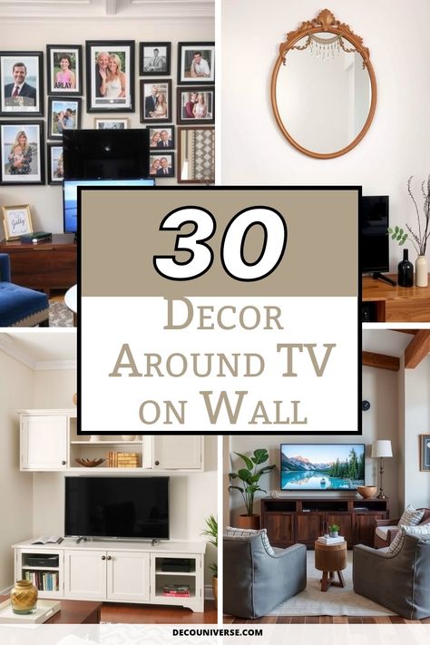 Transform your living space with these 30 stylish decor ideas for your wall-mounted TV. From floating shelves and gallery walls to cozy blankets and accent lighting, create a stunning focal point that blends design and functionality. Discover tips to enhance your TV area, maintain an organized look, and express your personal style effortlessly! Decorating Above Entertainment Center, Decorate Entertainment Center Shelves, Living Room Wall Mounted Tv Ideas, Floating Shelf Above Tv Living Room, Tv Stand Organization Ideas, Credenza Under Wall Mounted Tv, Lights Around Tv On Wall, Wall Decor Tv Room, What To Put Below A Mounted Tv