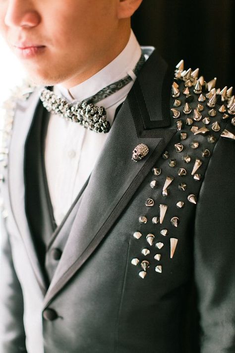 Groom's Suit with Studs and Skulls | Edgy Wedding Punk Wedding Dresses, Punk Prom, Punk Rock Wedding, Rocker Wedding, Gothic Inspiration, Punk Wedding, Groom's Attire, Dark Wedding Theme, Biker Wedding