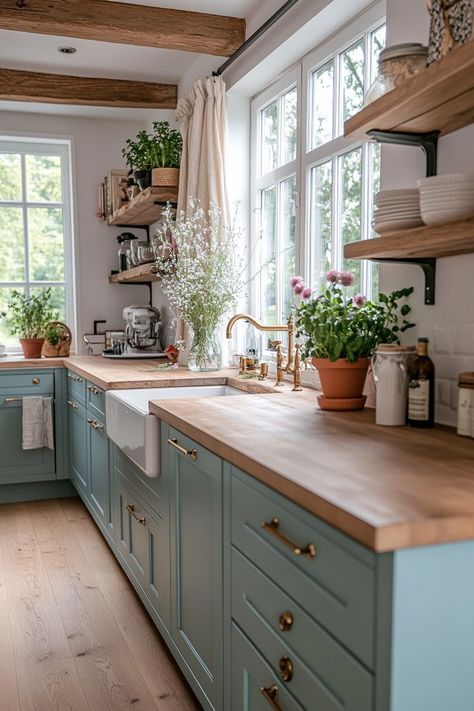 Light Blue Kitchen Cabinets Farmhouse, Blue Green Kitchen Cabinets, Blue Green Cabinets, Green Blue Kitchen, Coastal Kitchen Cabinets, Fall Aesthetic Decor, Fall Room Inspiration, Fall Room Decor Ideas, Blue Green Kitchen