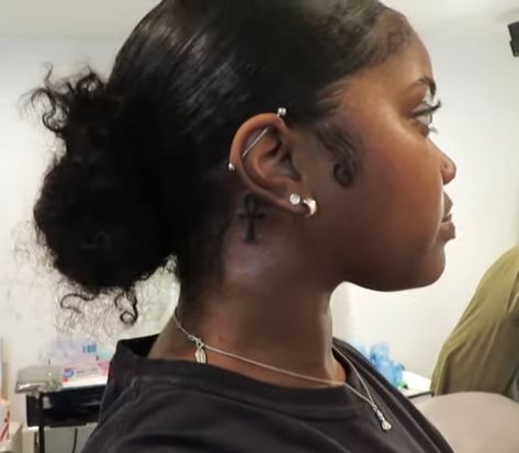 Ankh Tattoo Back Of Neck, Ankh Tattoo Behind The Ear, Tattoos Behind The Ear Black Women, Ankh Tattoo Ideas For Women, Anhk Tattoos Behind Ear, Ank Tattoo Black Women, Ankh Behind Ear Tattoo, Small Behind The Ear Tattoo Ideas Black Women, Behind Ear Tats Black Women