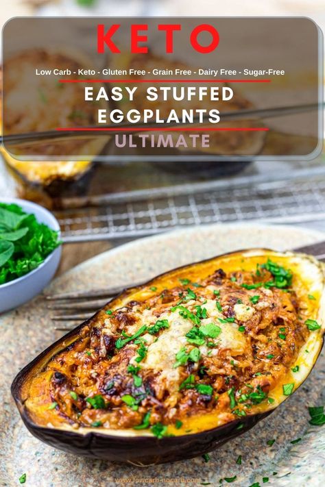 Keto Stuffed Eggplant Boats Keto Recipes With Eggplant, Turkey Stuffed Eggplant Boats, Keto Stuffed Eggplant Recipes, Eggplant Boats Recipes, Eggplant Keto Recipes, Eggplant Recipes Keto, Baked Stuffed Eggplant, Stuffed Eggplant Recipes, Hamburger Keto