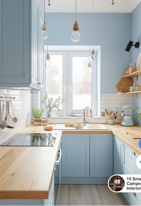 Light Blue Kitchen Ideas, U Shaped Kitchen Interior, Light Blue Kitchen, Blue Kitchen Ideas, Light Blue Houses, Blue Cabinetry, Blue Kitchen Walls, Light Blue Kitchens, Victorian Kitchen