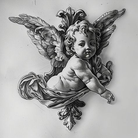 Cherub Tattoo Art Kit Cherub Drawing Tattoo, Sun Tattoo Men, Cherub Tattoos, Statue Tattoo Design, Black Cherub, Cherub Tattoo Designs, Tattoo Sizes, Cherub Art, Jesus Art Drawing