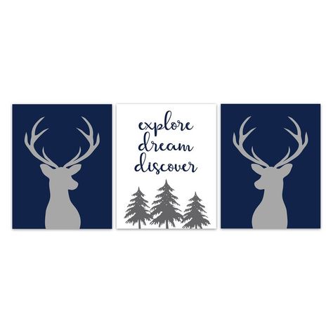 Harriet Bee Ellenburg Deer Antler Nursery 'Explore Dream Discover' Paper Print (Set of 3) | Wayfair Antler Nursery, Birch Tree Wall Decal, Woodland Themed Nursery, Woodland Animal Art, Explore Dream Discover, Woodland Nursery Theme, Oopsy Daisy, Youth Decor, Woodland Deer