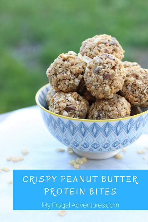 Crispy Peanut Butter Protein Balls - My Frugal Adventures Peanut Butter Protein Balls, Protein Balls Recipes, Banana Drinks, Healthy Protein Snacks, Protein Bites, Protein Balls, Peanut Butter Protein, Honey Oatmeal, Peanut Butter Balls