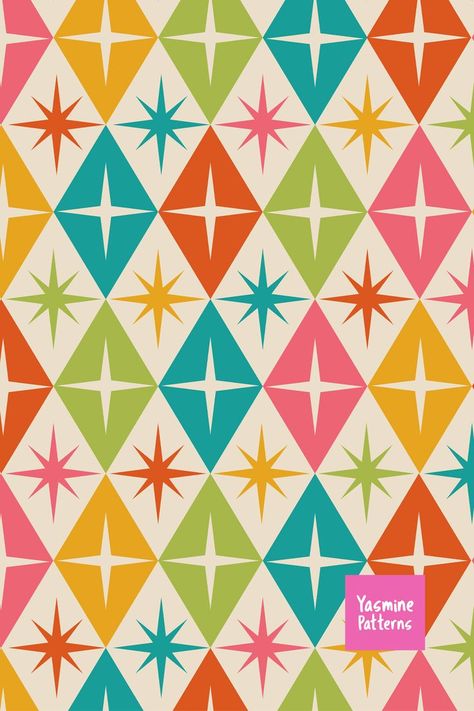 Mid Century Atomic Starbursts on retro diamonds in green, teal, pink and orange Mid Century Wallpaper Iphone, Mid Century Patterns Wallpapers, Green And Purple Pattern, Midcentury Modern Restaurant Design, Retro Quilt Mid Century, 50s Patterns Design, Mid Century Background, Retro Color Aesthetic, Mid Century Modern Background