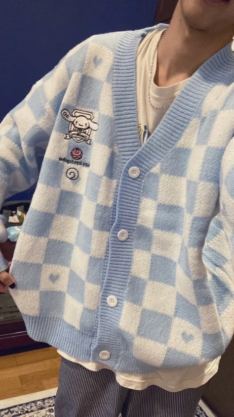 Hello Kitty Guy Outfit, Sky Blue Outfit Men, Korean Aesthetic Outfits, Cute Y2k Outfits, Boy Essentials, Sanrio Outfits, Sarcastic Clothing, Cardigan Fits, Male Outfit