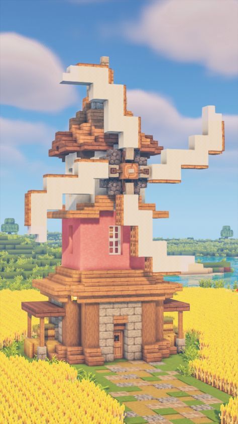 Aesthetic Minecraft Cottagecore, Windmill In Minecraft, Windmill Minecraft, Build A Windmill, Cottagecore Minecraft House, Mizunos 16 Craft, House Cottagecore, Minecraft Cottagecore, Build Minecraft