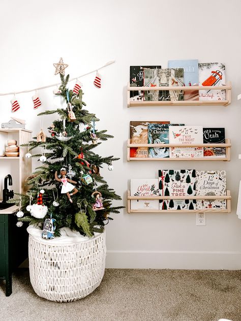 Little Boy Room Christmas Tree, Nursery Christmas Tree Boy, Kids Christmas Room Decorations, Christmas Bookshelf Decor Kids, Playroom Holiday Decor, Basement Christmas Tree, Kids Christmas Playroom, Christmas Tree In Kids Bedroom, Christmas Tree In Kids Room