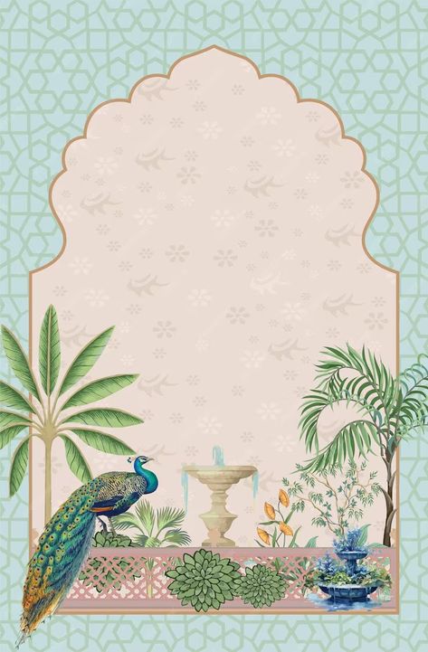 Premium Vector | Mughal garden peacock tree and arch frame illustration for print invitation Indian Wedding Garden Decoration, Save The Date Background Design Blank, Wedding Invite Background, Henna Illustration, Invite Background, Graphic Wedding Invitations, Mughal Garden, Wedding Illustration Card, Arch Designs