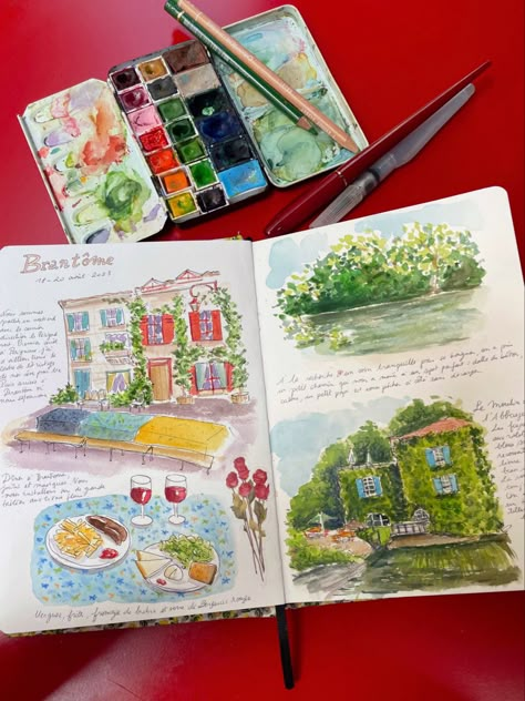 Watercolor aquarelle crayons sketchbook carnet de voyage page carnet croquis Périgord Dordogne Journal Watercolor, Travel Art Journal, Travel Sketchbook, Drawing Journal, Sketchbook Art Journal, Interactive Art, Pretty Drawings, Arte Inspo, Sketchbook Inspiration