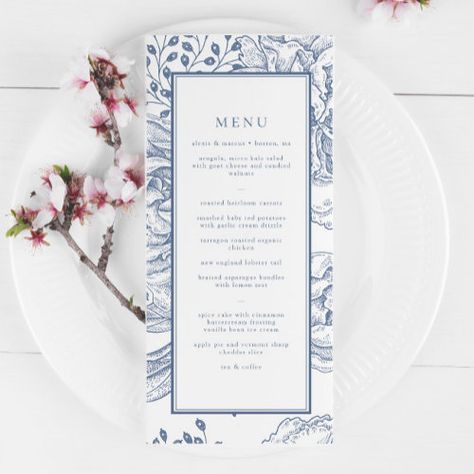 Blue Summer Flowers, Spring Wedding Reception, Periwinkle Wedding, Wedding Reception Menu, Baby Red Potatoes, Elegant Wedding Reception, Elegant Wedding Invitation, Wedding Blue, Flowers Spring