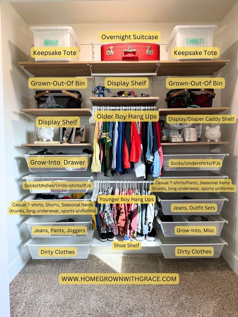 Shared Bedroom Full Beds, Ikea Closet Boaxel, Kids Shared Bedroom Boys, Brothers Shared Bedroom Ideas, Ikea Boaxel Closet Ideas, 3 Boys Shared Bedroom, Boy Closet Organization, Shared Boys Room Different Ages, Shared Kids Room Boy And Girl