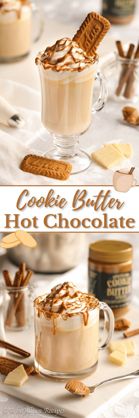 Cookie Butter Hot Chocolate - A baJillian Recipes Cookie Butter Hot Chocolate, Butterscotch Hot Chocolate, Peanut Butter Hot Chocolate Recipe, Peanut Butter Hot Chocolate, Dessert Cafe, Chocolate Ideas, Chocolate Recipes Homemade, Peanut Butter Jar, Hot Cocoa Recipe