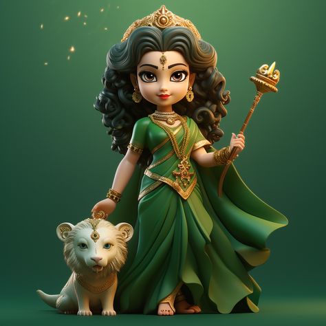 cute pixar style goddess Durga with trishool in hand full body proportion wearing dark green saree with golden ornaments on solide dar green background hyper realistic super detailed Dark Green Saree, Spiritual Pics, God Hindu, God Drawing, Maa Image, Devi Images, Goddess Parvati, Durga Ji, Bear Drawings