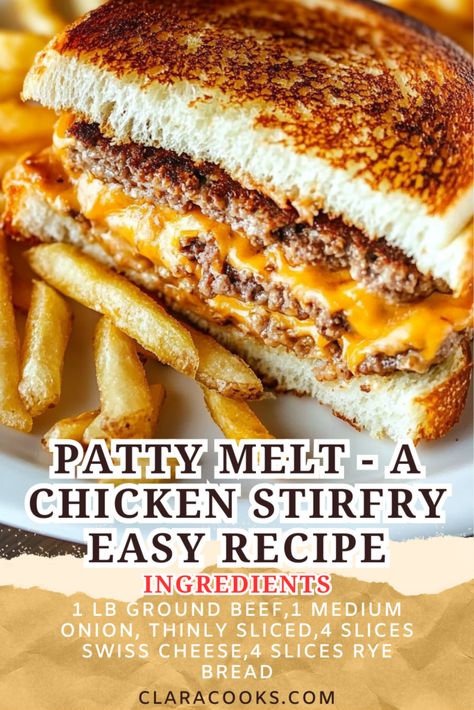 Patty Melt - A Chicken Stirfry Easy Recipe Easy Patty Melt, Patty Melt Recipe, Caramelized Onions Recipe, Melt Recipe, Patty Melt, Grilled Bread, Vegetarian Thanksgiving, Food Receipt, Biscuits Easy