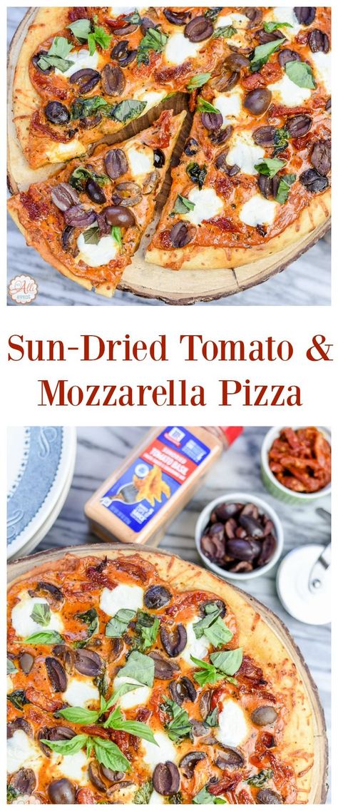 Sun-Dried Tomato & Mozzarella Pizza is perfect for pizza night. The sauce is full of flavor and easy to make. This quick and easy recipe is definitely a keeper. #LeaveBlandBehind #ad Lunch Stuff, Tomato And Mozzarella, Vegetarian Ideas, Mozzarella Pizza, Flat Breads, New Pizza, Veggie Meals, Sundried Tomato, Tomato Mozzarella