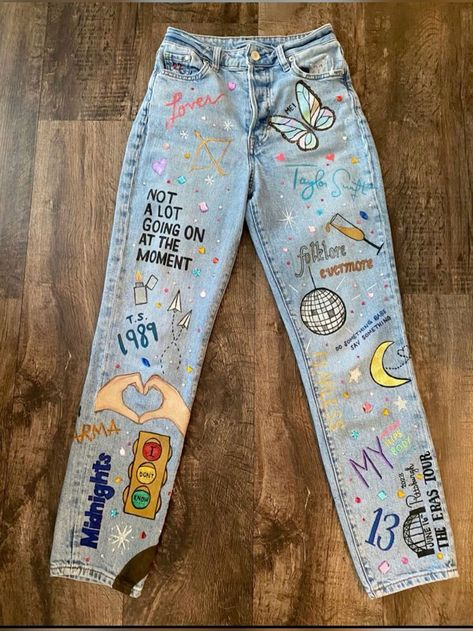 Eras Art Taylor Swift, Taylor Swift Converse Diy, Taylor Swift Clothes Concert, Taylor Swift Easter Wallpaper, Taylor Swift Diy Jeans, Taylor Swift Word Art, Taylor Swift Themed Birthday Party Activities, Diy Eras Tour Outfit Ideas, Eras Tour Outfits Jeans