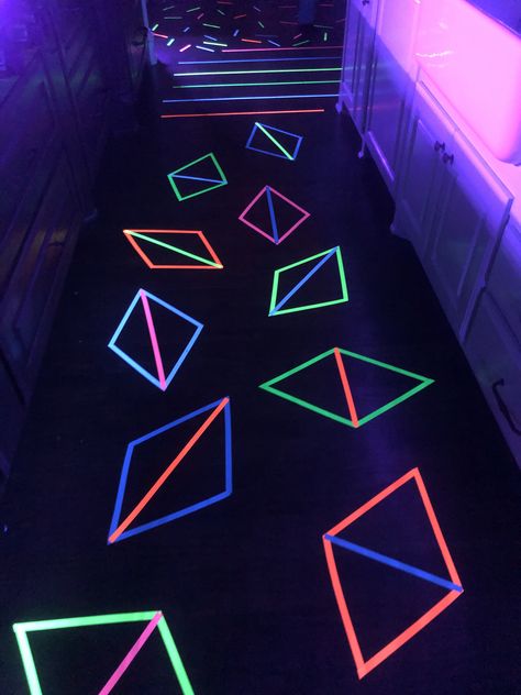 Cyberpunk Party Ideas, Techno Party Decoration, Neon Dance Theme, Neon Theme School Dance, Neon Dance Party Decorations, Black Light Dance Party, Neon Tape Dance Floor, Glow Tape, Neon Tape