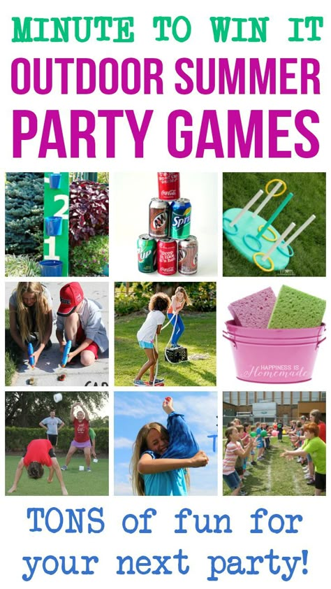 Minute to Win It Outdoor Summer Party Games -  These fun (and funny!) Minute to Win It Games are perfect for your next outdoor summer block party, bbq, family reunion, or backyard bash! Great for all ages! - Happiness is Homemade Summer Block Party, Party Games For Adults, Summer Party Games, Picnic Games, Outdoor Party Games, Partner Games, Outside Games, Xavier Rudd, Reunion Games