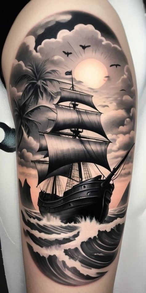 Pirate Boat Tattoo, Sunken Ship Tattoo, Traditional Nautical Tattoo, Ship Tattoo Sleeves, Ocean Sleeve Tattoos, Pirate Ship Tattoo, Sailboat Tattoo, Boat Tattoo, Boat Sunset