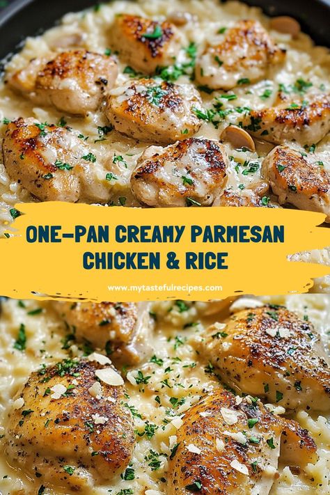 Warm up your evenings with this comforting One-Pan Creamy Parmesan Chicken & Rice. This creamy and cheesy dish is the perfect cozy dinner solution, all made in one pan for easy cleanup! Chicken Rice Parmesan Recipe, One Pot Cheesy Chicken And Rice, Chicken And Rice Cheesy, Creamy Parmesan One Pot Chicken And Rice, Cheesy Parmesan Rice, Supper Ideas Rice, Chicken Scampi Rice, Chicken Rice One Pan Meal, Chicken And Parmesan Rice