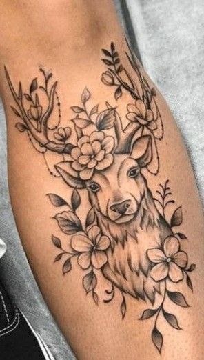 Deer And Flowers Tattoo, White Deer Tattoo, Deer Leg Tattoo, Buck Tattoo With Flowers, Deer With Flowers Tattoo, Elk Tattoo Feminine, Stag Tattoo Feminine, Deer Flower Tattoo, Floral Deer Tattoo