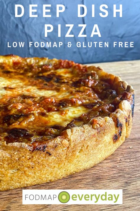 A close up of a whole deep dish pizza on a wooden surface and blue background Low Fodmap Pizza Crust, Low Fodmap One Pan Meals, Low Fodmap Comfort Food, Crohns Meals, Low Fodmap Pizza, Fodmap Pizza, Fodmap Meals, Fructose Intolerance, Gf Pizza