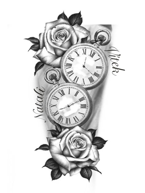 Clock Tattoo Design Women Leg, Clock Tattoo Design Births Women, Feminine Clock Tattoo Design, Half Clock Tattoo Design, Tattoo Ideas Female Family, Stop Watch Tattoo, Arm Sleeve Tattoos For Women, Lion Tattoo Sleeves, Clock Tattoo Design