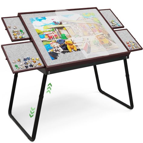 PRICES MAY VARY. Adjustable height design: This puzzle tables for adults has two heights, one is 18in, which is the height you can do the puzzle on the bed and the ground, the sofa, and the other is 28in, which is the height you can take a chair in the living room to operate the puzzle. The two height adjustment designs provide a variety of options for jigsaw scenes. 5 Up Angles Adjustable:Adjustable tilt Angle design of the puzzle table with drawers can be reduced back and neck pain occurs duri Wood Board Game, Puzzle Table In Living Room, Puzzle Table Ideas, Diy Puzzle Table, Puzzle Tables, Jigsaw Puzzle Table, Jigsaw Table, Puzzle Table, Sliding Drawers