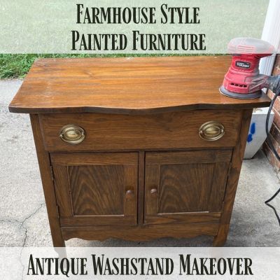 Farmhouse Style Painted Furniture: Antique Washstand Makeover Painted Washstand, Antique Washstand Makeover, How To Antique Paint Furniture, Washstand Makeover, Antique Wash Stand Makeover, Antique Wash Stand, Electric Sander, Buffalo Plaid Pattern, Wash Stand