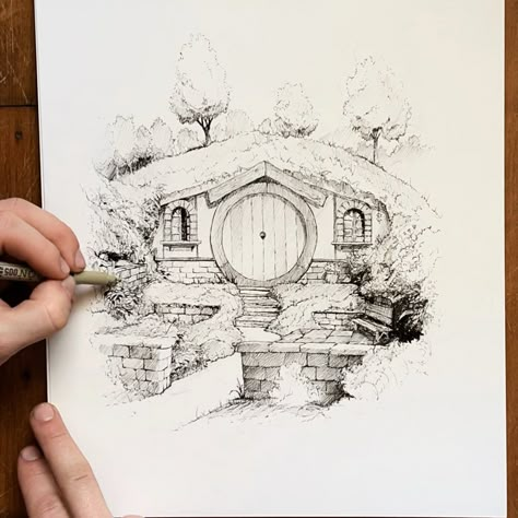 Hobbit Hole Painting Watercolor, Hobbit Drawing Sketches, Hobbit Hole Sketch, The Hobbit Illustration, Hobbit Hole Drawing, Hobbit House Drawing, Hobbit Door Drawing, The Hobbit Drawings, Lotr Art Sketches