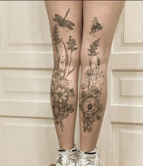 225+ Breathtaking Wilderness Tattoo Ideas (2023) - TattoosBoyGirl Thigh Garden Tattoo, Simple Above Knee Tattoos Women, Full Floral Leg Sleeve Tattoo, Leg Tree Tattoos Women, Nature Themed Leg Sleeve Tattoo, Garden Themed Tattoos, Knee Shin Tattoo, Sleeve Tattoo Snake, Butterfly Garden Tattoo