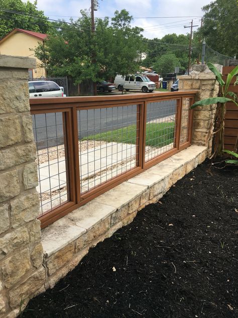 Wood and metal fence Mixed Fence Ideas, Mountain Home Fence Ideas, Fence With Wire And Wood, Wood Fence With Brick Columns, Block Wall With Iron Fence, Metal Fence With Brick Columns, Fence Around Pool, Split Rail Fence, Fence Planters