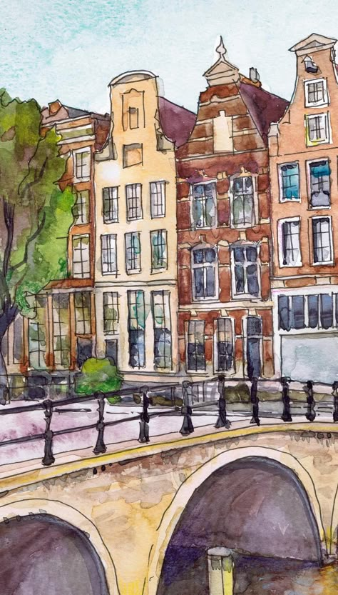 Watercolor Cities Cityscapes, Watercolor Block Painting, Watercolor Poster Ideas, Amsterdam Watercolor Painting, Art Watercolor Ideas, Cityscapes Drawing, Watercolor Urban Sketching, Netherlands Drawing, Netherlands Watercolor