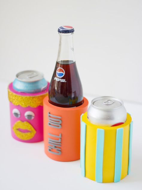 Any way you slice it, these DIY can koozies are super fun to make, and a total walk in the park. Diy Drink Coozie, Koozies Diy, Fishing Party Decorations, Diy Drinks, Diy Cans, Church Crafts, Christmas Projects Diy, Crafts To Make And Sell, Crafts For Kids To Make