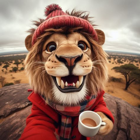 Lion Eating, Lion Drinking Water, Lion Coffee, Smiling Animals, Lion Memes, The Lion Sleeps Tonight, Art For Beginners, Gem Art, Lion Memes Funny