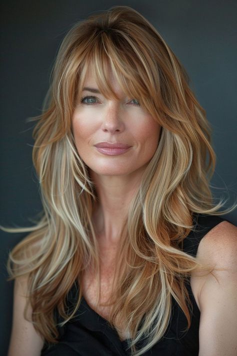 "Elegant Transformations: Gorgeous Hairstyles and Haircuts for Women Over 50. Rediscover Your Radiance! Timeless Looks for Timeless Beauty. Long Hair With Bangs Over 50, Blonde Hair With Bangs And Layers, Blonde Hair Transformations, Layered Hair With Bangs, Caramel Highlights, Long Layered Haircuts, Wispy Bangs, Hair Affair, Long Hair With Bangs