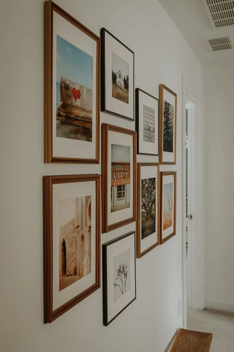 Mixed Wood Gallery Wall, Hallway Gallery Wall Family Photos, Staggered Grid Gallery Wall, Gallery Wall With Color Photos, Modern Family Gallery Wall, Office Wall Gallery Ideas, Photo Frame On Wall Ideas, Full Wall Photo Gallery, Simple Family Photo Wall