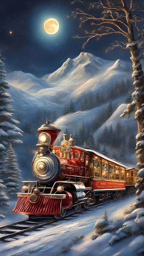 Train Wallpaper, Helloween Wallpaper, Train Drawing, Beautiful Christmas Scenes, Transportation Theme, Winter Szenen, Train Art, Winter Photos, Christmas Train