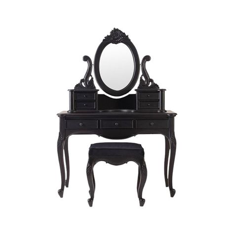 Black Victorian Furniture, Draculaura Room, Blue Makeup Vanity, Goth Vanity, Goth Furniture, Gothic Vanity, Gothic Rooms, Niche Png, Black Dressing Tables