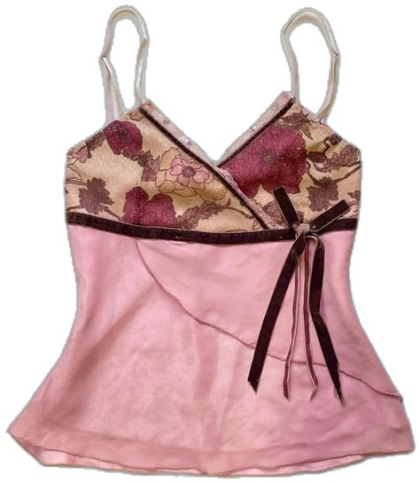 Pink tank top with brown bow and floral print 2000s Fashion Tops, Floral Clothes, 90s Blouse, 2000s Tops, Purple Tops, Future Clothes, Dream Clothes, Floral Top, Cute Tops