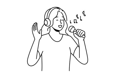 Happy woman in headphones and microphones singing. Smiling girl have fun enjoy karaoke entertainment with mic and earphones. Hobby and music. Vector illustration. Singing Sketch, Singing Pictures, Sing Illustration, People Singing Drawing, Person Singing Drawing, Person Singing, Karaoke Drawing, Mic Illustration, Woman Singing Drawing