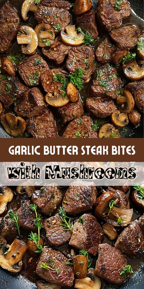 Savor every bite of these mouthwatering Garlic Butter Steak Bites with Mushrooms! 🥩🍄 Tender steak pieces and buttery mushrooms are cooked to perfection in a garlicky sauce that’s ready in under 20 minutes. Perfect for busy weeknights or as a crowd-pleasing appetizer. 🍷 Pair with mashed potatoes or a crisp salad for a complete meal.
#SteakBites #GarlicButterSteak #QuickDinnerRecipes #SavoryEats #EasyWeeknightMeals Steak Tips Mushrooms, Keto Steak Tips And Mushrooms, Easy Steak And Mushroom Recipes, Garlic Mushroom Steak, Air Fryer Steak And Shrimp Kabobs, Steak Bite Recipes Easy, Steak Tips With Mushrooms And Onions, Steak Garlic Bites, Steak Bites In The Oven